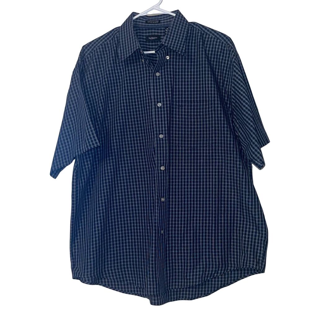 Van Heusen Mens Shirt Gingham Check Plaid L 16-16 1/2 Wrinkle & Stain Free Blues